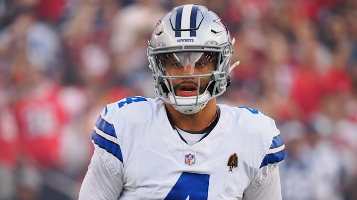 Oct 27, 2024; Santa Clara, California, USA; Dallas Cowboys quarterback Dak Prescott (4) before the game against the San Francisco 49ers at Levi's Stadium. Mandatory Credit: Kelley L Cox-Imagn Images