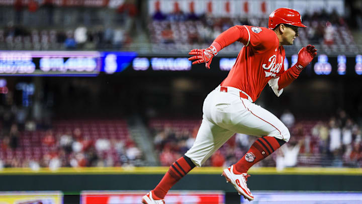 Apr 16, 2025; Cincinnati, Ohio, USA; Cincinnati Reds first baseman Christian Encarnacion-Strand (33) runs to second after hitting a two-run double in the seventh inning against the Seattle Mariners at Great American Ball Park. 