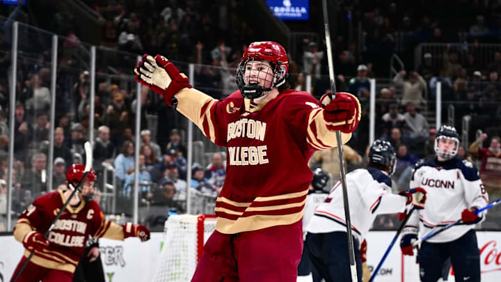 Dean Letourneau celebrates after scoring his second goal of the night at TD Garden on March 20, 2026. Dean Letourneau celebrates after scoring his second goal of the night at TD Garden on March 20, 2026.