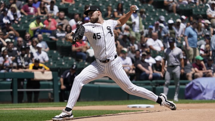 Jun 30, 2024; Chicago, Illinois, USA; Chicago White Sox pitcher Garrett Crochet (45) throws the ball against the Colorado Rockies during the first inning at Guaranteed Rate Field. Mandatory Credit: David Banks-USA TODAY Sports