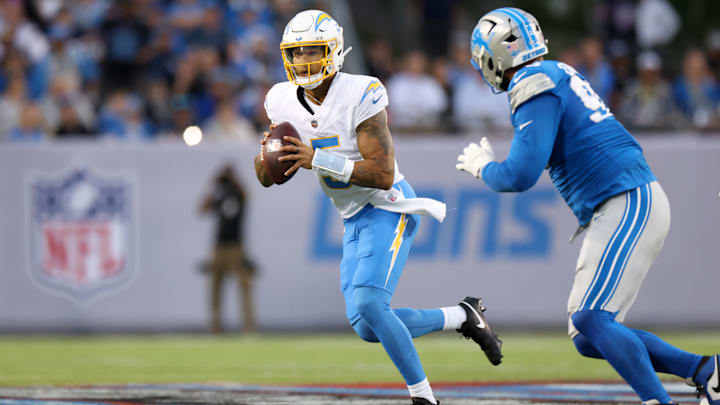 Los Angeles Chargers QB Trey Lance looks to pass against the Detroit Lions.