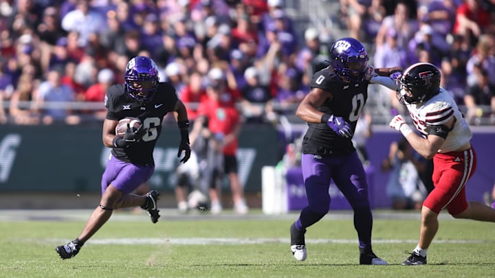 Oct 26, 2024; Fort Worth, Texas, USA; TCU Horned Frogs running back Jeremy Payne (26) runs the ball against Texas Tech Red Raiders in the second quarter at Amon G. Carter Stadium. Mandatory Credit: Tim Heitman-Imagn Images Oct 26, 2024; Fort Worth, Texas, USA; TCU Horned Frogs running back Jeremy Payne (26) runs the ball against Texas Tech Red Raiders in the second quarter at Amon G. Carter Stadium. Mandatory Credit: Tim Heitman-Imagn Images