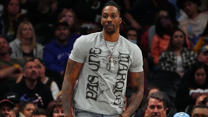 Apr 10, 2022; Denver, Colorado, USA; Los Angeles Lakers center Dwight Howard (39) during the second half against the Denver Nuggets at Ball Arena. Mandatory Credit: Ron Chenoy-Imagn Images