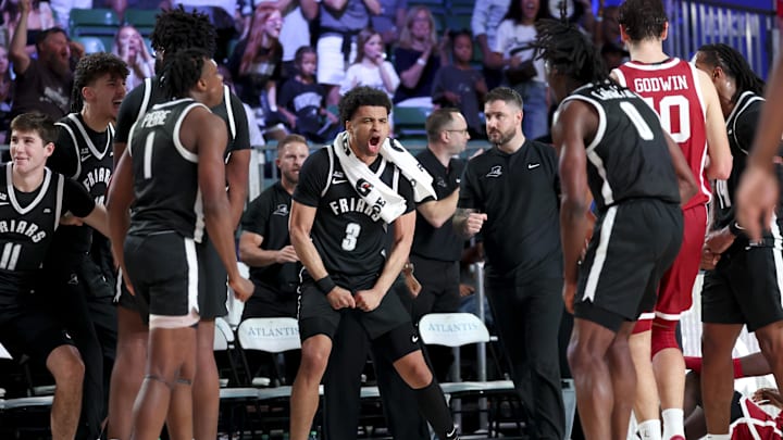 Nov 27, 2024; Paradise Island, Bahamas, BHS; Providence Friars guard Jabri Abdur-Rahim (3) reacts during the first half against the Oklahoma Sooners at the Atlantis Resort. Mandatory Credit: Kevin Jairaj-Imagn Images Nov 27, 2024; Paradise Island, Bahamas, BHS; Providence Friars guard Jabri Abdur-Rahim (3) reacts during the first half against the Oklahoma Sooners at the Atlantis Resort. Mandatory Credit: Kevin Jairaj-Imagn Images