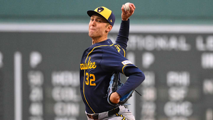 Apr 7, 2026; Boston, Massachusetts, USA; Milwaukee Brewers starting pitcher Jacob Misiorowski (32) pitches against the Boston Red Sox during the first inning at Fenway Park. Mandatory Credit: Eric Canha-Imagn Images