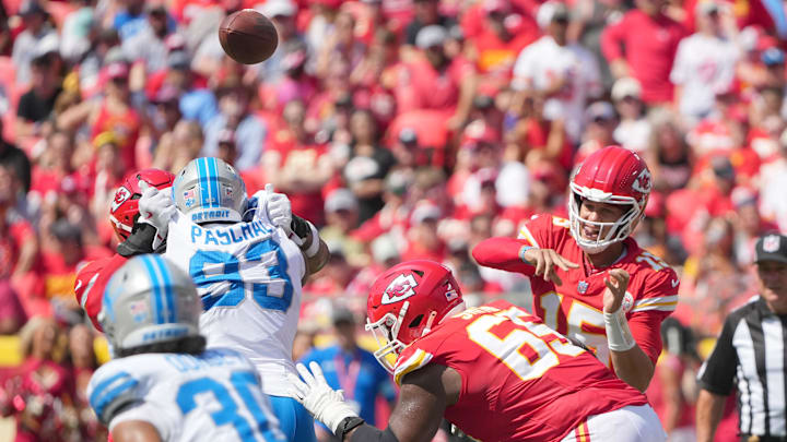 Aug 17, 2024; Kansas City, Missouri, USA; Kansas City Chiefs quarterback Patrick Mahomes (15) throws a pass against the Detroit Lions during the first half at GEHA Field at Arrowhead Stadium. Mandatory Credit: Denny Medley-Imagn Images Aug 17, 2024; Kansas City, Missouri, USA; Kansas City Chiefs quarterback Patrick Mahomes (15) throws a pass against the Detroit Lions during the first half at GEHA Field at Arrowhead Stadium. Mandatory Credit: Denny Medley-Imagn Images