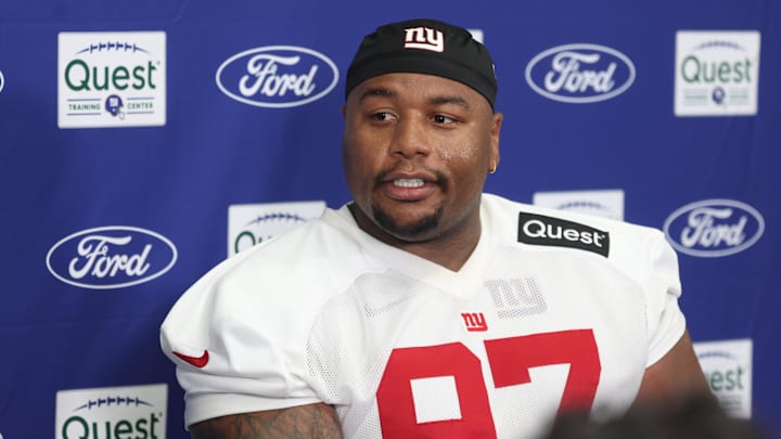 Jul 23, 2025; East Rutherford, NJ, USA; New York Giants defensive tackle Dexter Lawrence II (97) talks with media during training camp at Quest Diagnostics Training Center. Mandatory Credit: Vincent Carchietta-Imagn Images