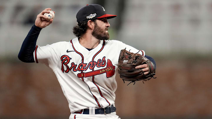 Oct 12, 2022; Atlanta, Georgia, USA; Atlanta Braves shortstop Dansby Swanson (7) fields the ball and