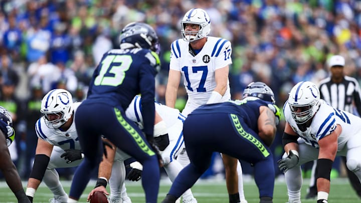 Dec 14, 2025; Seattle, Washington, USA; Indianapolis Colts quarterback Philip Rivers (17) stands over center during the first quarter against the Seattle Seahawks at Lumen Field. Dec 14, 2025; Seattle, Washington, USA; Indianapolis Colts quarterback Philip Rivers (17) stands over center during the first quarter against the Seattle Seahawks at Lumen Field.