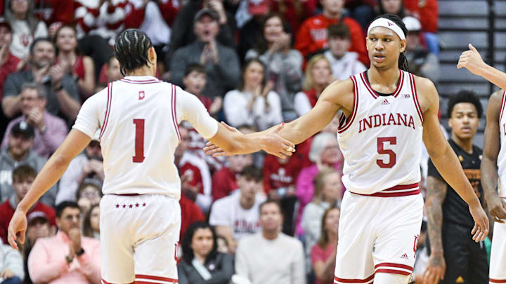 Indiana Hoosiers guard Myles Rice (1) high-fives Indiana Hoosiers forward Malik Reneau (5) after a play during the second half against the Winthrop Eagles at Simon Skjodt Assembly Hall.