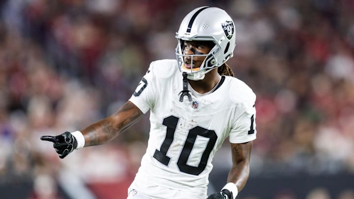 Aug 23, 2025; Glendale, Arizona, USA; Las Vegas Raiders wide receiver Dont'e Thornton Jr. (10) against the Arizona Cardinals during a preseason NFL game at State Farm Stadium. Mandatory Credit: Mark J. Rebilas-Imagn Images