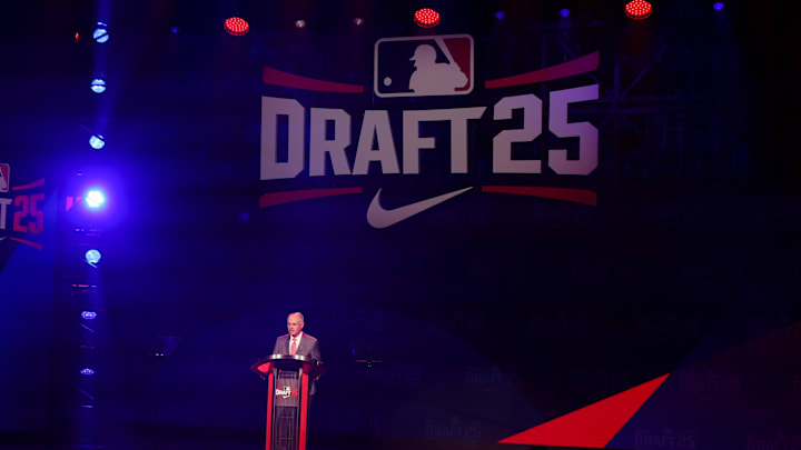 Jul 13, 2025; Atlanta, GA, USA; MLB Commissioner Rob Manfred opens the MLB Draft at The Coca-Cola Roxy. Mandatory Credit: Brett Davis-Imagn Images
