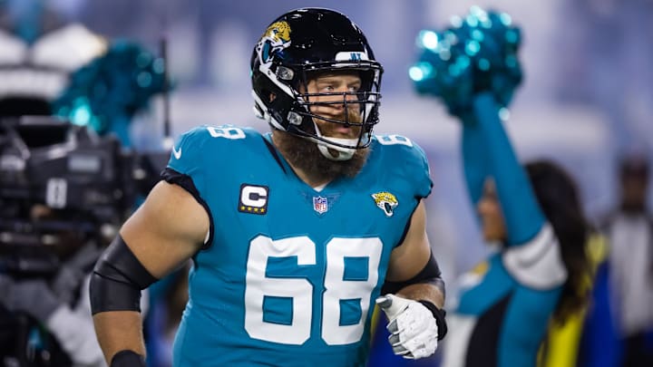 Jan 14, 2023; Jacksonville, Florida, USA; Jacksonville Jaguars guard Brandon Scherff (68) against the Los Angeles Chargers during a wild card playoff game at TIAA Bank Field. Mandatory Credit: Mark J. Rebilas-Imagn Images