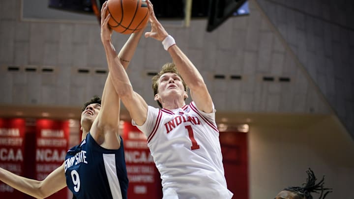 Indiana forward Reed Bailey goes for a rebound Dec. 9, 2025, against Penn State at Simon Skjodt Assembly Hall in Bloomington. Indiana forward Reed Bailey goes for a rebound Dec. 9, 2025, against Penn State at Simon Skjodt Assembly Hall in Bloomington.