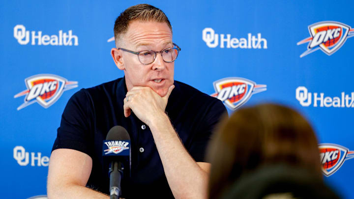 Sam Presti speaks to the press in Oklahoma City, on Tuesday, May 28, 2024.