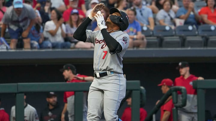 Rocket City infielder Christian Moore (7) celebrates hitting a homerun during a minor league baseball game between the Knoxville Smokies and Rocket City Trash Pandas at Covenant Health Park on April 29, 2025. The Knoxville Smokies won 9-6 against the Rocket City Trash Pandas.