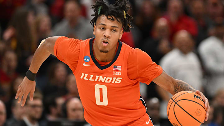 Mar 28, 2024; Boston, MA, USA; Illinois Fighting Illini guard Terrence Shannon Jr. (0) dribbles the ball against the Illinois Fighting Illini n the semifinals of the East Regional of the 2024 NCAA Tournament at TD Garden. Mandatory Credit: Brian Fluharty-Imagn Images