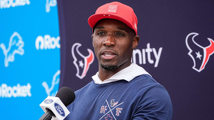 Houston Texans head coach DeMeco Ryans talks to media members after practice at training camp at Meijer Performance Center in Allen Park on Thursday, August 21, 2025.