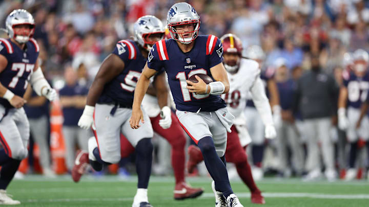Aug 8, 2025; Foxborough, Massachusetts, USA; New England Patriots quarterback Drake Maye (10) runs the ball during the first half against the Washington Commanders at Gillette Stadium.