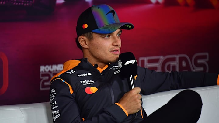 Nov 20, 2024; Las Vegas, Nevada, USA; McLaren driver Lando Norris (4) during media availabilities at Las Vegas Circuit. Mandatory Credit: Gary A. Vasquez-Imagn Images