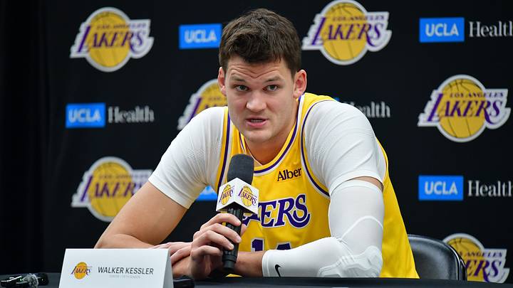 Sep 28, 2026; El Segundo, CA, USA; Los Angeles Lakers player Walker Kessler (14) during media day at UCLA Health Training Center.  Mandatory Credit: Gary A. Vasquez-Imagn Images