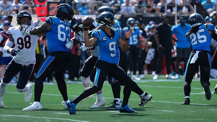 Carolina Panthers quarterback Bryce Young (9) looks to throw in the second half against the Chicago Bears at Bank of America Stadium. Carolina Panthers quarterback Bryce Young (9) looks to throw in the second half against the Chicago Bears at Bank of America Stadium.