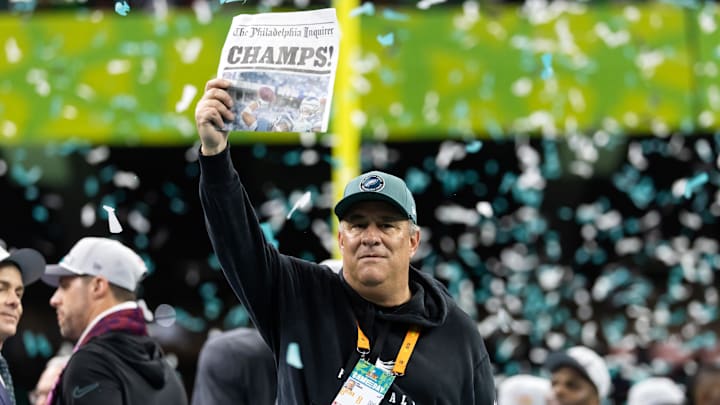 Feb 9, 2025; New Orleans, LA, USA; Philadelphia Eagles  defensive coordinator Vic Fangio celebrates after defeating the Kansas City Chiefs during Super Bowl LIX at Ceasars Superdome. Mandatory Credit: Mark J. Rebilas-Imagn Images