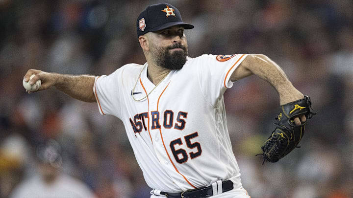 Aug 3, 2022; Houston, Texas, USA; Houston Astros starting pitcher Jose Urquidy (65) pitches against the Boston Red Sox in the fourth inning at Minute Maid Park. Mandatory Credit: Thomas Shea-Imagn Images