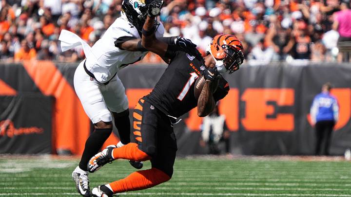 Bengals Ja'Marr Chase (1) gets taken down by the Jaguars during their game at Paycor Stadium on Sunday October 4, 2026. The Jaguars were up 13-3 at halftime. Bengals Ja'Marr Chase (1) gets taken down by the Jaguars during their game at Paycor Stadium on Sunday October 4, 2026. The Jaguars were up 13-3 at halftime.