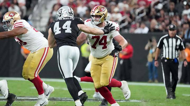 Aug 27, 2026; Paradise, Nevada, USA; San Francisco 49ers offensive tackle Carver Willis (74) defends against Las Vegas Raiders linebacker Tommy Eichenberg (44) at Allegiant Stadium. Mandatory Credit: Kirby Lee-Imagn Images Aug 27, 2026; Paradise, Nevada, USA; San Francisco 49ers offensive tackle Carver Willis (74) defends against Las Vegas Raiders linebacker Tommy Eichenberg (44) at Allegiant Stadium. Mandatory Credit: Kirby Lee-Imagn Images