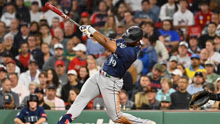 Sep 1, 2026; Boston, Massachusetts, USA; Seattle Mariners designated hitter Lazaro Montes (99) hits a one-run RBI single against the Boston Red Sox during the third inning at Fenway Park. Mandatory Credit: Eric Canha-Imagn Images Sep 1, 2026; Boston, Massachusetts, USA; Seattle Mariners designated hitter Lazaro Montes (99) hits a one-run RBI single against the Boston Red Sox during the third inning at Fenway Park. Mandatory Credit: Eric Canha-Imagn Images