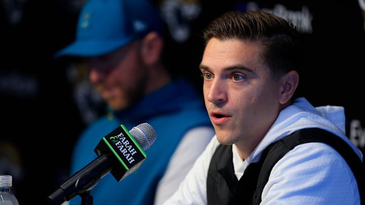 Jacksonville Jaguars general manager James Gladstone speaks during a press conference next to head coach Liam Coen at the Miller Electric Center, Wednesday, Jan. 14, 2026, in Jacksonville, Fla.