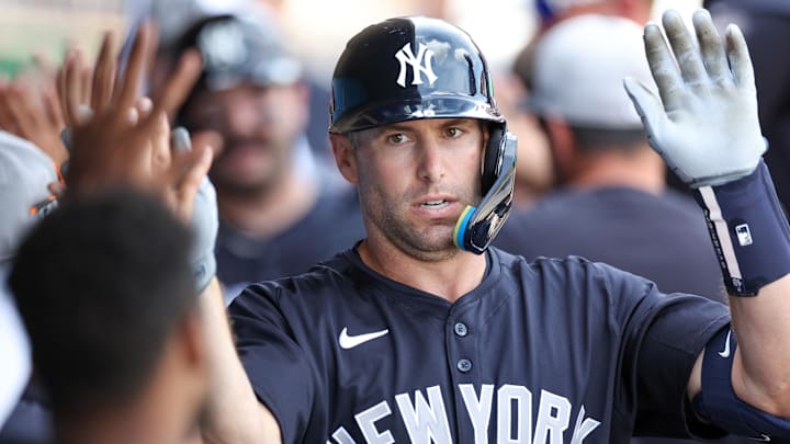 Mar 4, 2025; Clearwater, Florida, USA; New York Yankees first baseman Paul Goldschmidt (48) celebrates after hitting a two-run home run against the Philadelphia Phillies in the third inning during spring training at BayCare Ballpark. Mandatory Credit: Nathan Ray Seebeck-Imagn Images Mar 4, 2025; Clearwater, Florida, USA; New York Yankees first baseman Paul Goldschmidt (48) celebrates after hitting a two-run home run against the Philadelphia Phillies in the third inning during spring training at BayCare Ballpark. Mandatory Credit: Nathan Ray Seebeck-Imagn Images