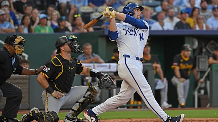 Kansas City Royals right fielder Jac Caglianone (14) hits a two-run home run