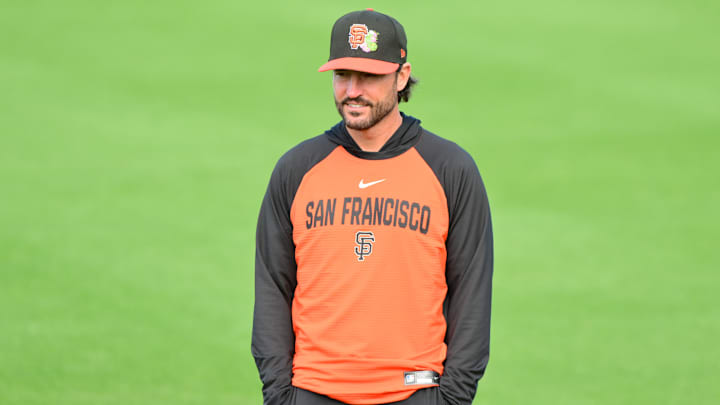 Feb 18, 2026; Scottsdale, AZ, USA; San Francisco Giants manager Tony Vitello (23) looks on during a Spring Training workout at Scottsdale Stadium Mandatory Credit: Matt Kartozian-Imagn Images