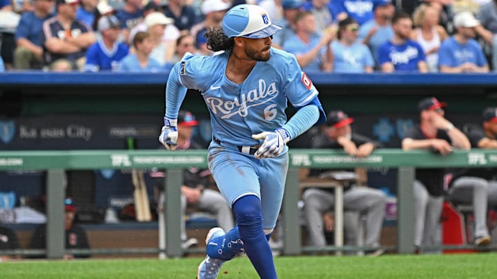 Mar 29, 2025; Kansas City, Missouri, USA; Kansas City Royals left fielder Jonathan India (6) runs to first base after a single in the fourth inning against the Cleveland Guardians at Kauffman Stadium. Mandatory Credit: Peter Aiken-Imagn Images