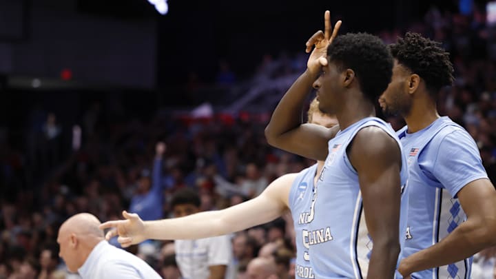 Mar 18, 2025; Dayton, OH, USA; North Carolina Tar Heels guard Drake Powell (9) reacts in the first half against the San Diego State Aztecs at UD Arena. Mandatory Credit: Rick Osentoski-Imagn Images