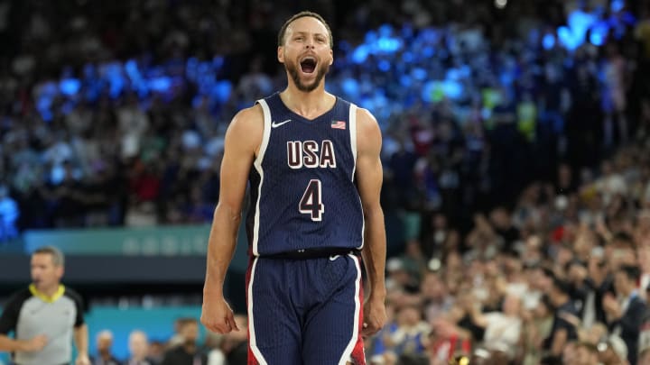 Aug 10, 2024: United States shooting guard Stephen Curry celebrates in the second half against France in the men's basketball gold medal game during the Paris 2024 Olympic Summer Games at Accor Arena. Aug 10, 2024: United States shooting guard Stephen Curry celebrates in the second half against France in the men's basketball gold medal game during the Paris 2024 Olympic Summer Games at Accor Arena.