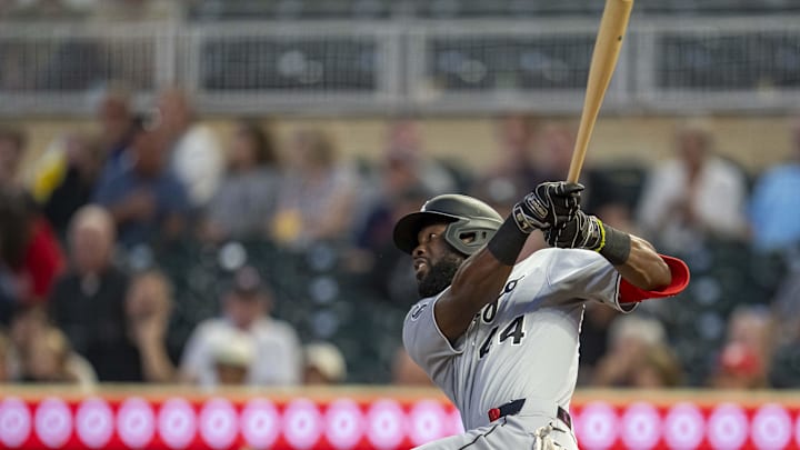 Sep 2, 2025; Minneapolis, Minnesota, USA; Chicago White Sox third baseman Bryan Ramos (44) hits a two run RBI double against the Minnesota Twins in the fifth inning at Target Field. Mandatory Credit: Jesse Johnson-Imagn Images