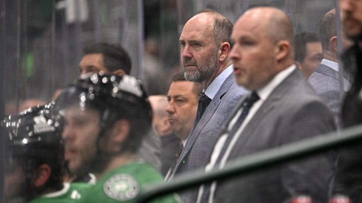 May 23, 2025; Dallas, Texas, USA; Dallas Stars head coach DeBoer in the second period for game two of the Western Conference Final of the 2025 Stanley Cup Playoffs at American Airlines Center. Mandatory Credit: Jerome Miron-Imagn Images