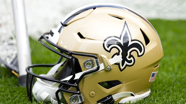 Sep 24, 2023; Green Bay, Wisconsin, USA; An New Orleans Saints helmet during warmups prior to the game against the Green Bay Packers at Lambeau Field. Mandatory Credit: Jeff Hanisch-Imagn Images Sep 24, 2023; Green Bay, Wisconsin, USA; An New Orleans Saints helmet during warmups prior to the game against the Green Bay Packers at Lambeau Field. Mandatory Credit: Jeff Hanisch-Imagn Images