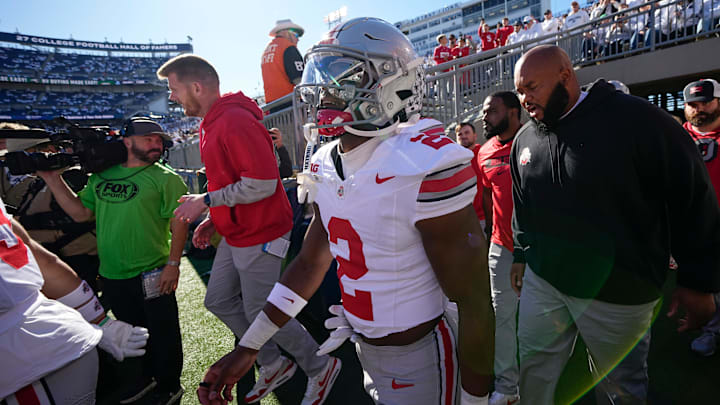 Ohio State Buckeyes safety Caleb Downs (2) takes the field during the NCAA football game against the Penn State Nittany Lions at Beaver Stadium in University Park, Pa. on Monday, Nov. 4, 2024. Ohio State won 20-13.