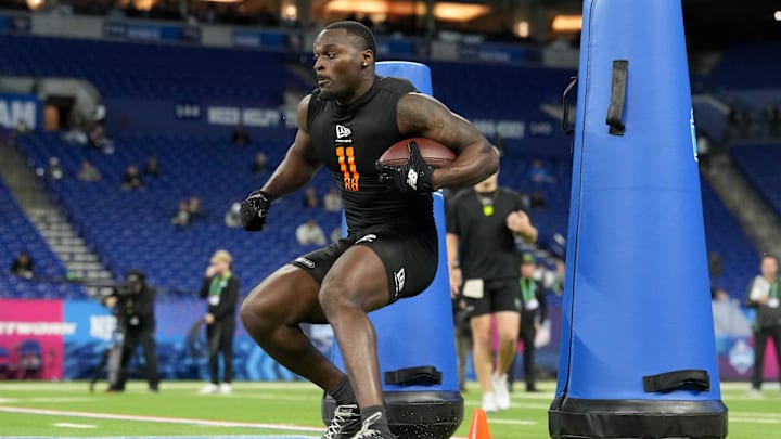 Notre Dame running back Jeremiyah Love (RB11) during the NFL Scouting Combine at Lucas Oil Stadium. Notre Dame running back Jeremiyah Love (RB11) during the NFL Scouting Combine at Lucas Oil Stadium.