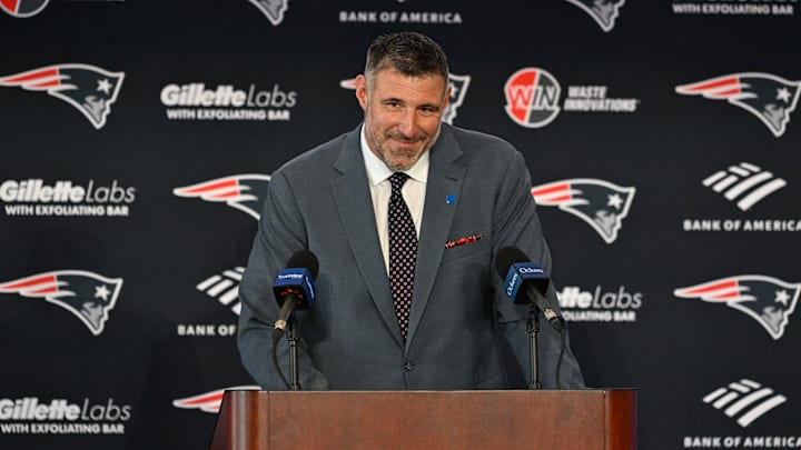 Jan 13, 2025; Foxborough, MA, USA; Mike Vrabel addresses media at a press conference to announce his hiring as the New England Patriots head coach at Gillette Stadium. Mandatory Credit: Eric Canha-Imagn Images