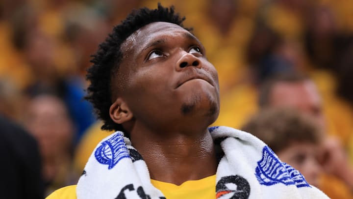 Indiana Pacers wing Bennedict Mathurin (00) during Game 5 of the 2025 NBA Playoffs against the Milwaukee Bucks. Indiana Pacers wing Bennedict Mathurin (00) during Game 5 of the 2025 NBA Playoffs against the Milwaukee Bucks.