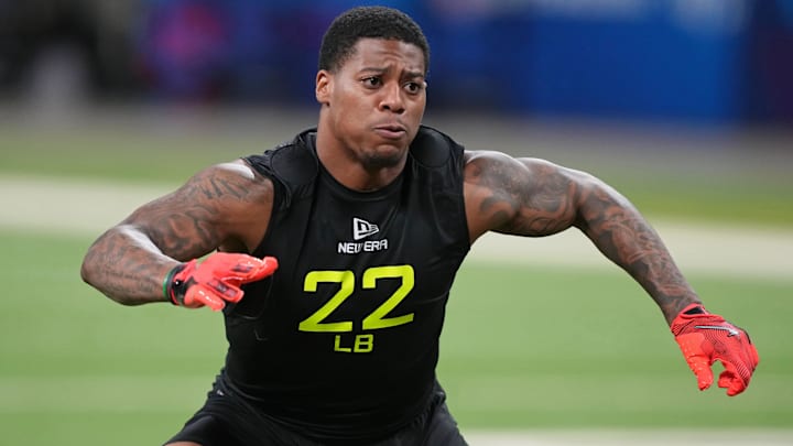 Mississippi linebacker Pooh Paul participates in drills during the 2025 NFL Combine at Lucas Oil Stadium.