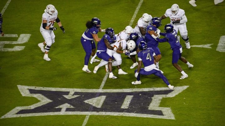 Nov 11, 2023; Fort Worth, Texas, USA; A view of the big 12 logo during the game between the TCU Horned Frogs and the Texas Longhorns at Amon G. Carter Stadium. Mandatory Credit: Jerome Miron-USA TODAY Sports Nov 11, 2023; Fort Worth, Texas, USA; A view of the big 12 logo during the game between the TCU Horned Frogs and the Texas Longhorns at Amon G. Carter Stadium. Mandatory Credit: Jerome Miron-USA TODAY Sports