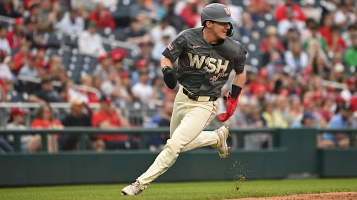 Sep 29, 2024; Washington, District of Columbia, USA; Washington Nationals center fielder Jacob Young (30) sprints towards home plate to score a run against the Philadelphia Phillies during the fifth inning at Nationals Park. Sep 29, 2024; Washington, District of Columbia, USA; Washington Nationals center fielder Jacob Young (30) sprints towards home plate to score a run against the Philadelphia Phillies during the fifth inning at Nationals Park.