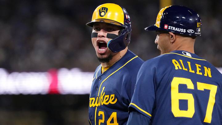 Oct 14, 2026; Los Angeles, California, USA; Milwaukee Brewers catcher William Contreras (24) reacts after hitting a single against the Los Angeles Dodgers during the eighth inning in game three of the NLCS for the 2026 MLB Playoffs at Uniqlo Field at Dodger Stadium. Mandatory Credit: Kirby Lee-Imagn Images Oct 14, 2026; Los Angeles, California, USA; Milwaukee Brewers catcher William Contreras (24) reacts after hitting a single against the Los Angeles Dodgers during the eighth inning in game three of the NLCS for the 2026 MLB Playoffs at Uniqlo Field at Dodger Stadium. Mandatory Credit: Kirby Lee-Imagn Images