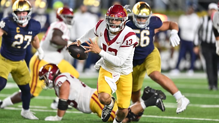 Oct 14, 2023; South Bend, Indiana, USA; USC Trojans quarterback Caleb Williams (13) runs the ball in